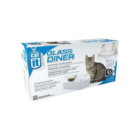 CATIT Style Glass Diner Double Bowl Stand - White